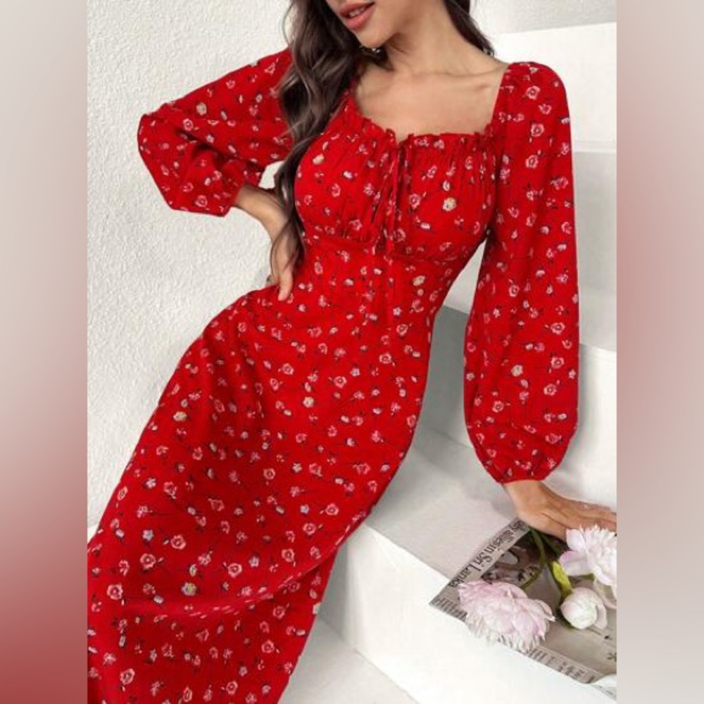 Max Floral Red Dress with Sleeves